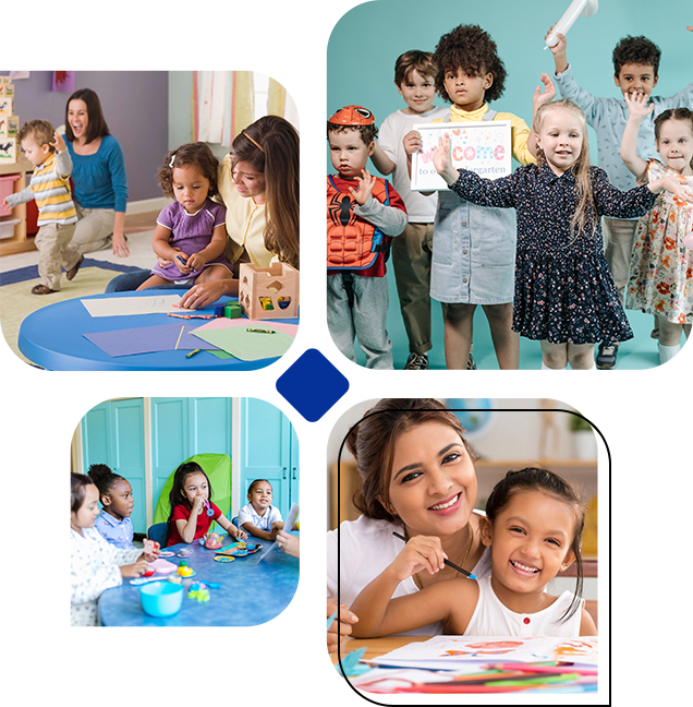 A collage of children and adults in different activities.