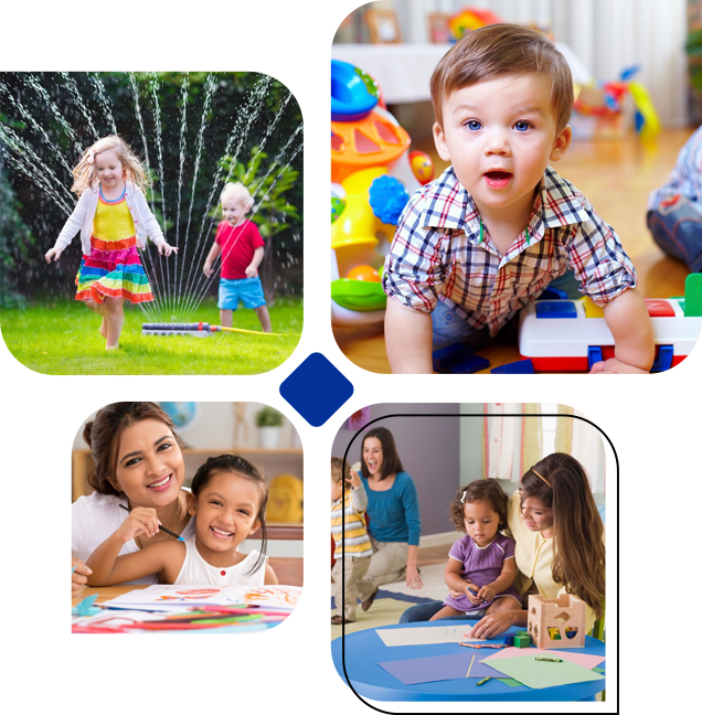 A collage of children playing with toys